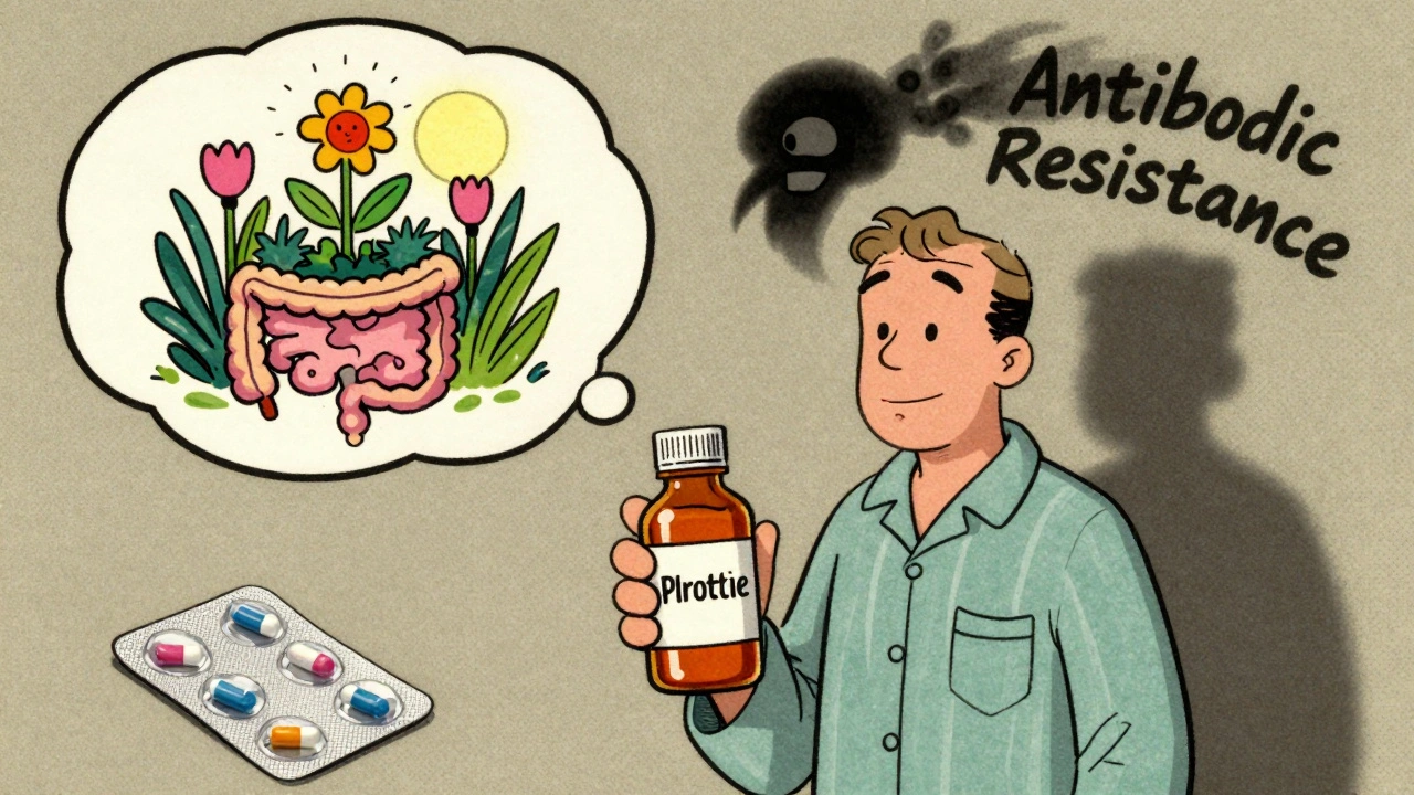 Person taking probiotics after antibiotics with healthy gut garden in thought bubble