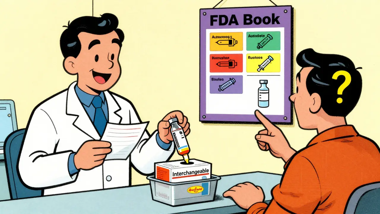 Pharmacist smiling as an insulin vial with an Interchangeable badge jumps into a substitution bin.