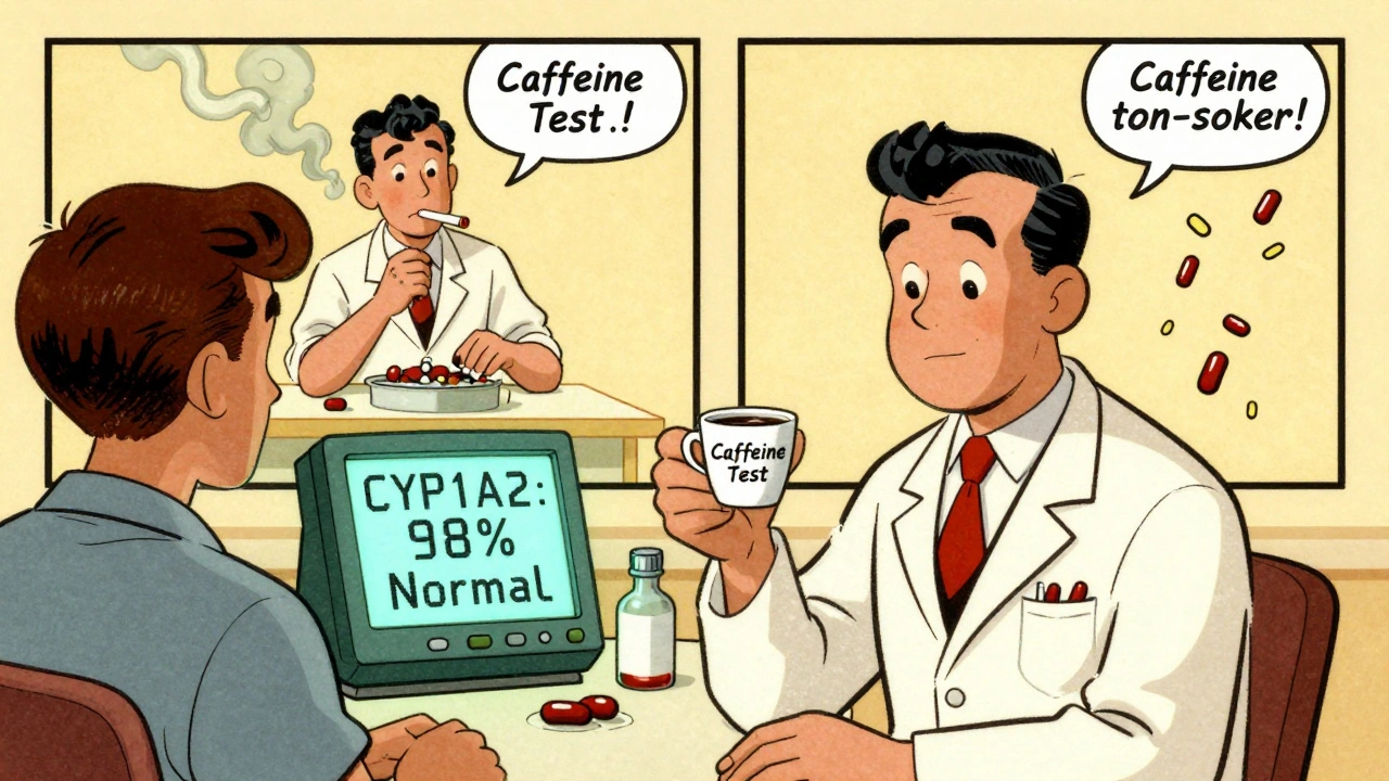Pharmacist using caffeine test to measure enzyme levels after quitting smoking.