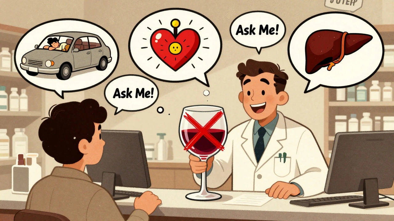 Pharmacist warns patient about alcohol and meds with warning symbols floating in thought bubbles.