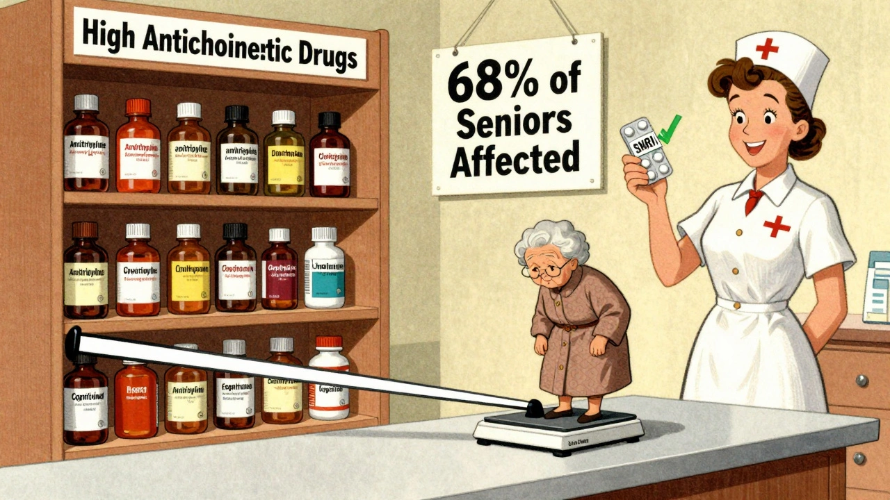 Pharmacy shelf overflowing with high-anticholinergic drugs beside a frail elderly woman on a tipping cognitive load scale.