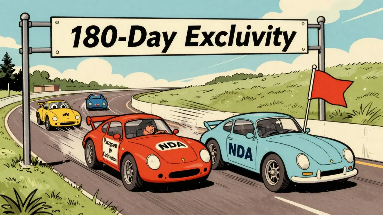 Racing cars representing generic drug companies competing for market exclusivity in vintage comic style.