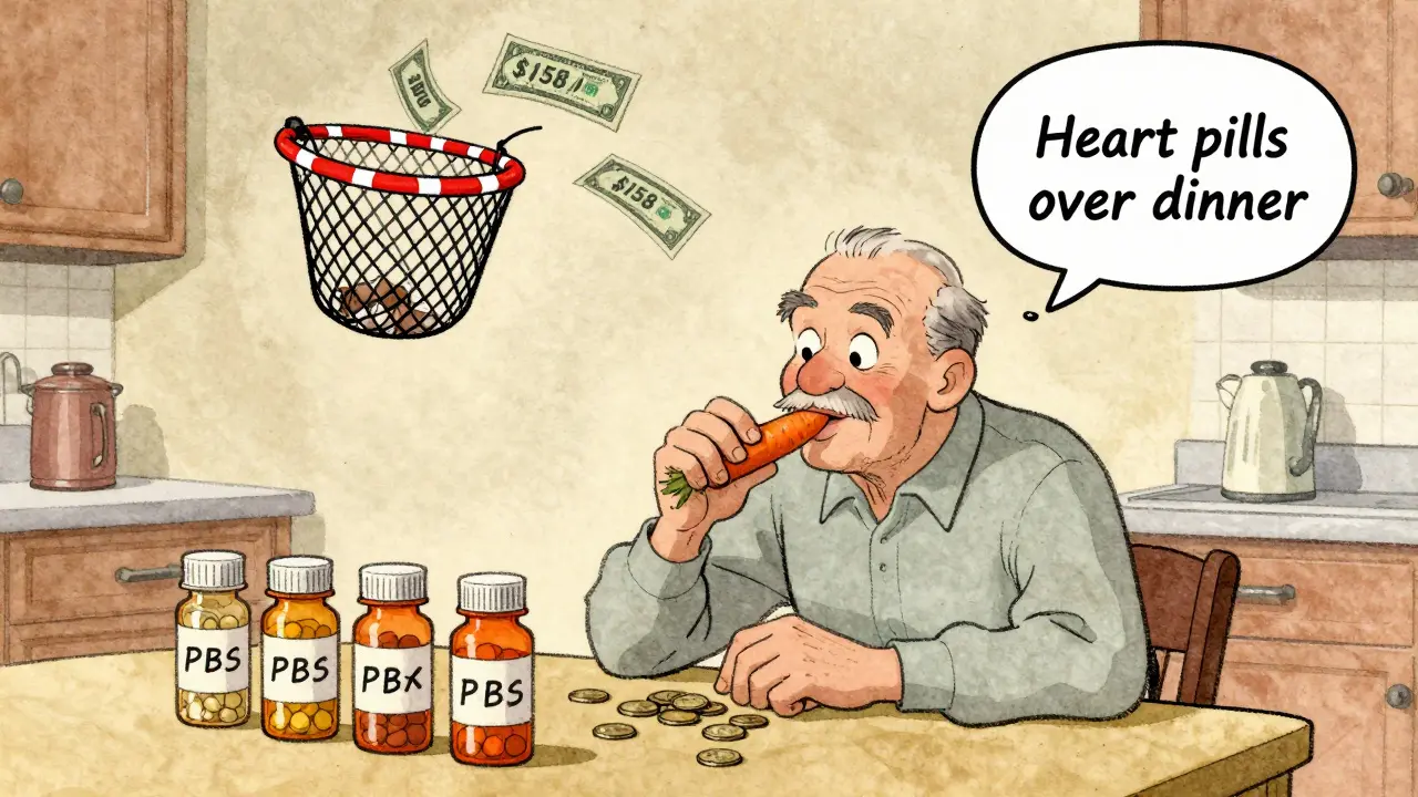 Retired man counts coins beside five pill bottles, eating only a carrot