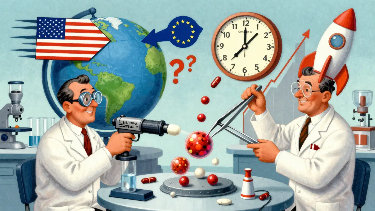 Scientists assembling a nanoparticle pill with a ray gun under a global regulatory map and rising market rocket.