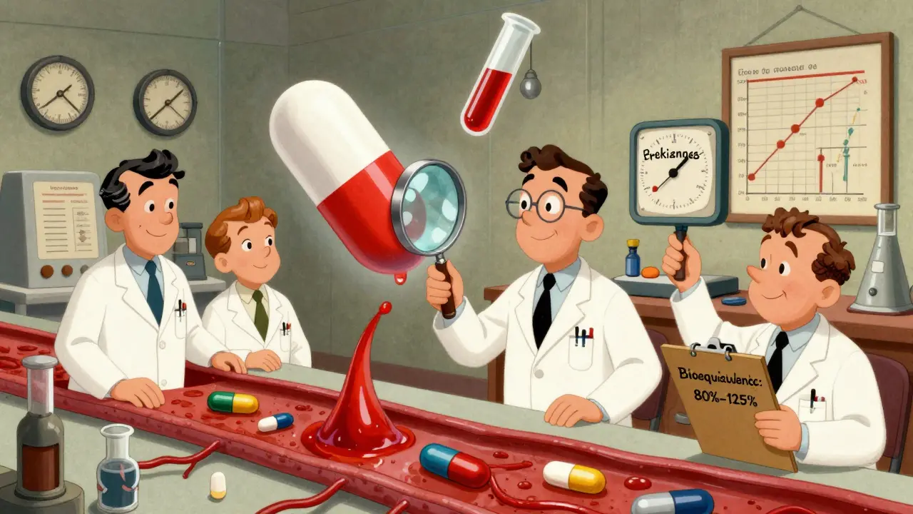 Scientists studying a giant pill with blood flow and bioequivalence data in a retro lab