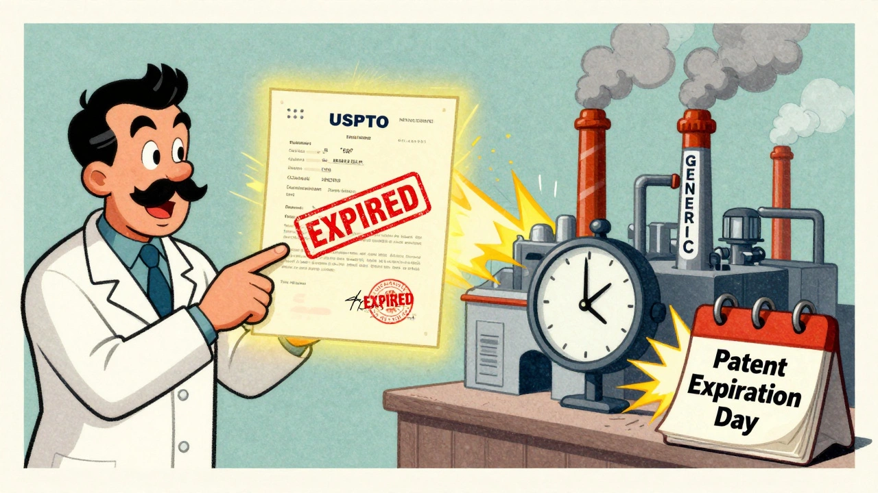 Split cartoon scene showing an expired patent and a generic drug factory launching at midnight.