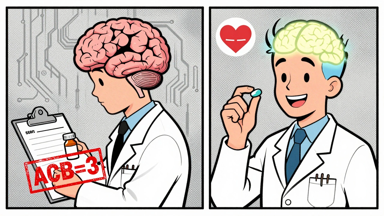 Split cartoon scene showing brain damage from tricyclic antidepressants versus a healthy brain with safer medication.