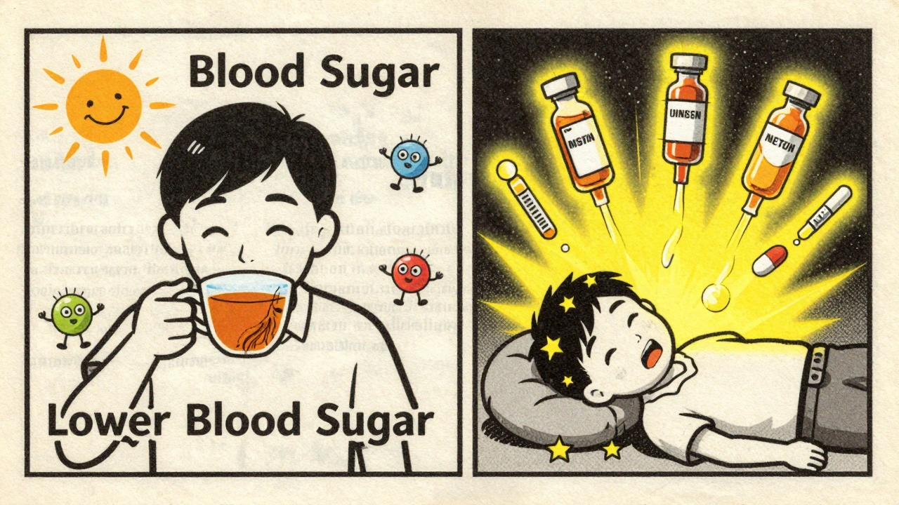 Split cartoon scene showing ginseng lowering blood sugar on one side and causing collapse on the other.