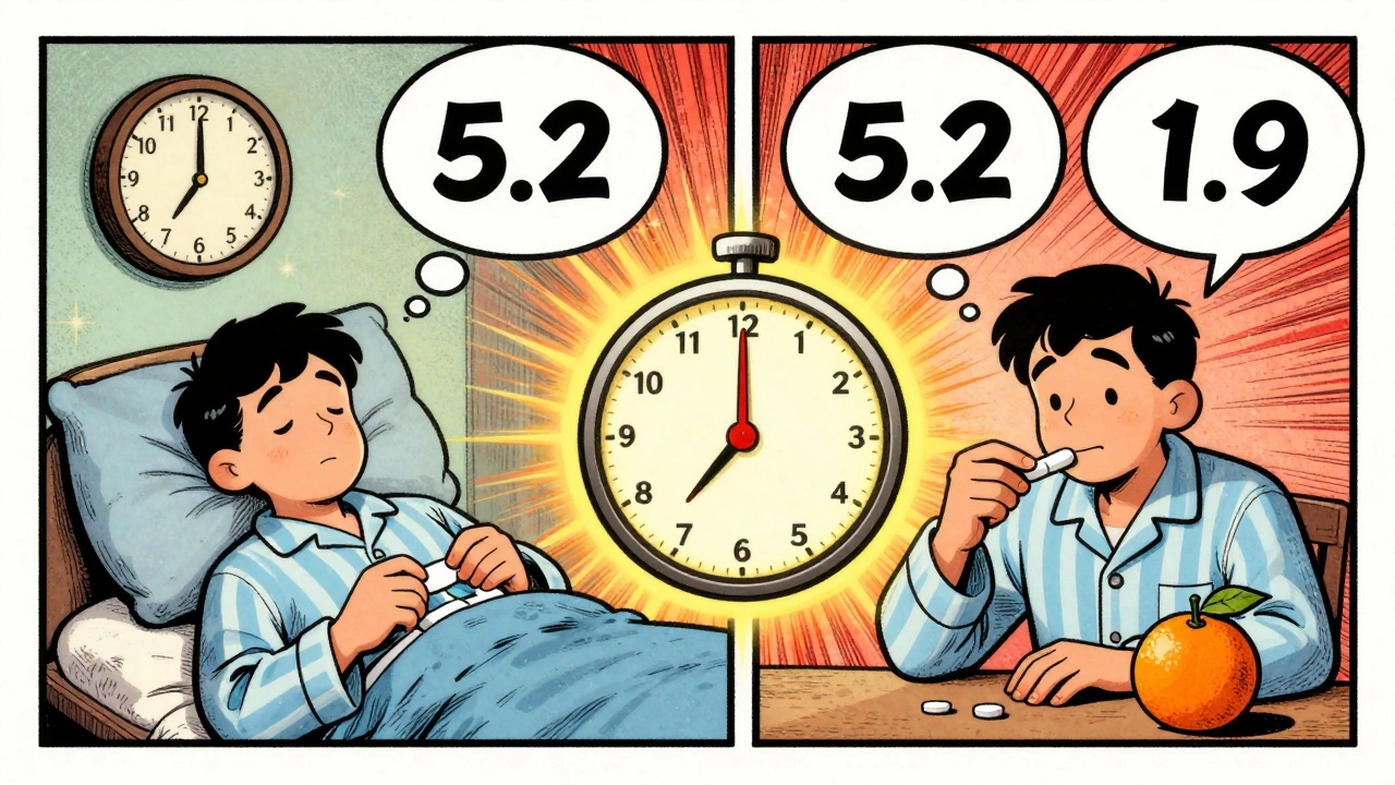 Split-panel cartoon showing levothyroxine and iron taken 4 hours apart with a timer.