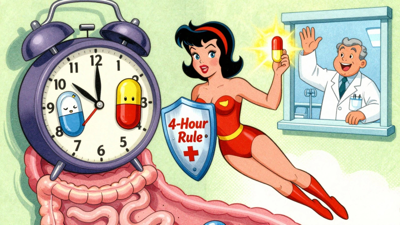Superheroine blocking bad supplements with a 4-hour rule shield in a digestive tract.