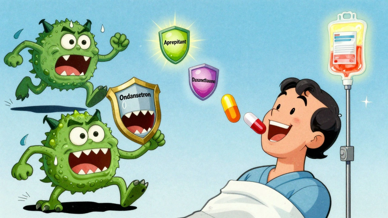 Three shield-shaped pills fly into a patient&#039;s mouth as nausea monsters run away.