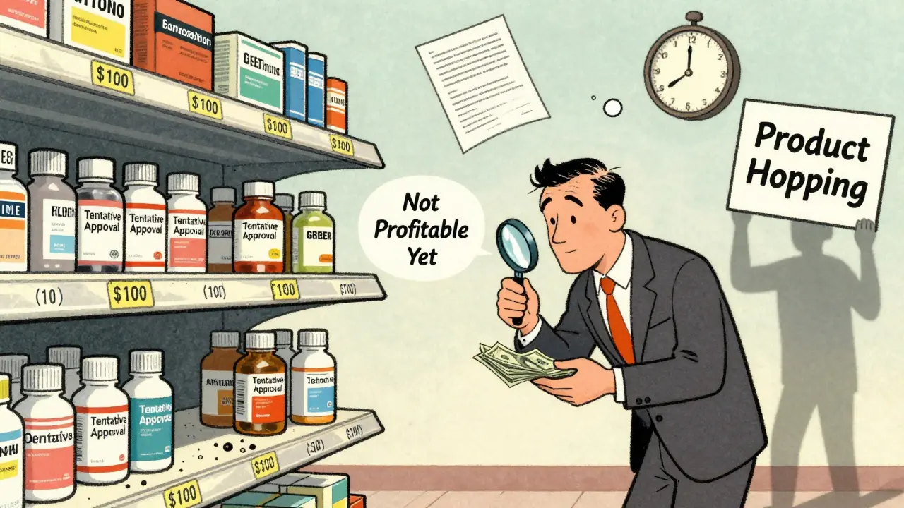 Unused generic drugs on a shelf beside expensive brand-name drugs, while a businessman declares it's not profitable.