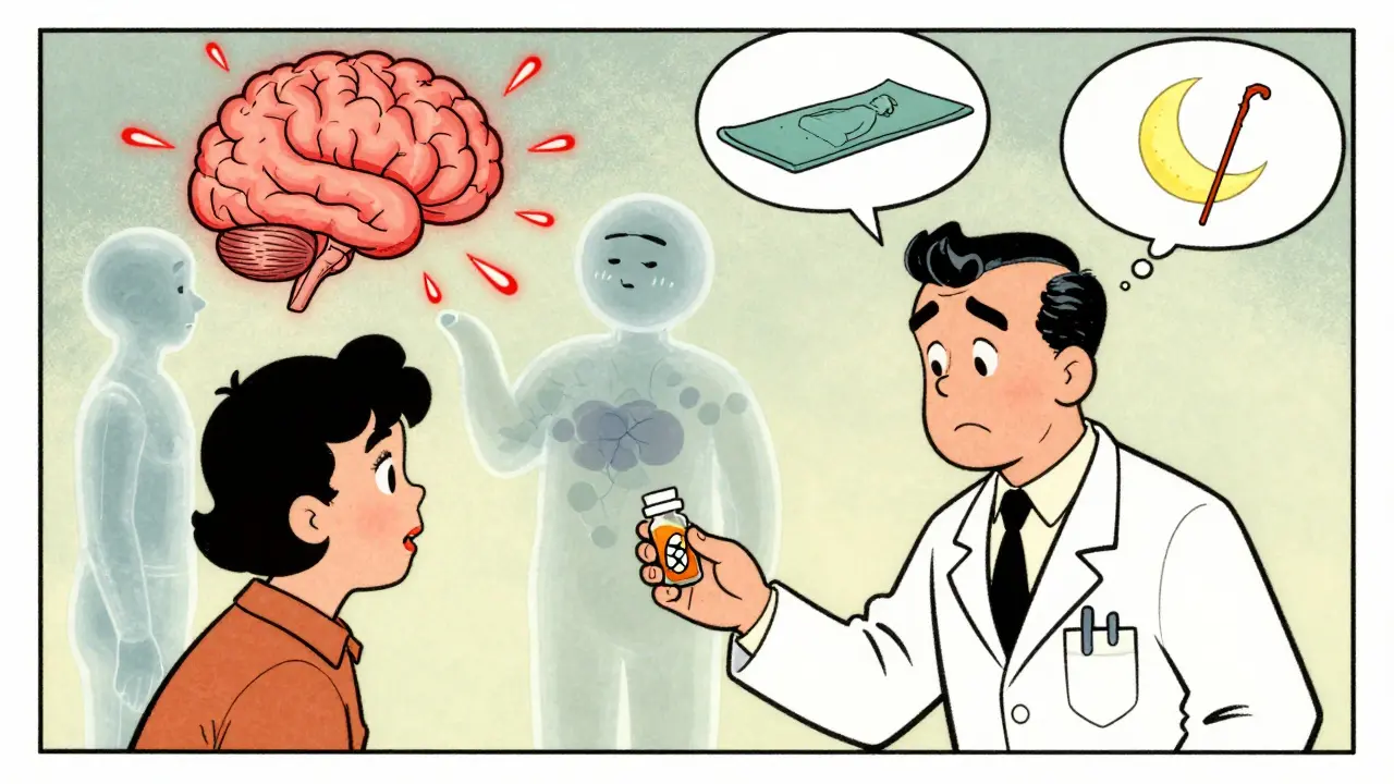 A doctor gives a pill as brain chemicals calm pain signals, illustrated in classic 1960s medical comic style.