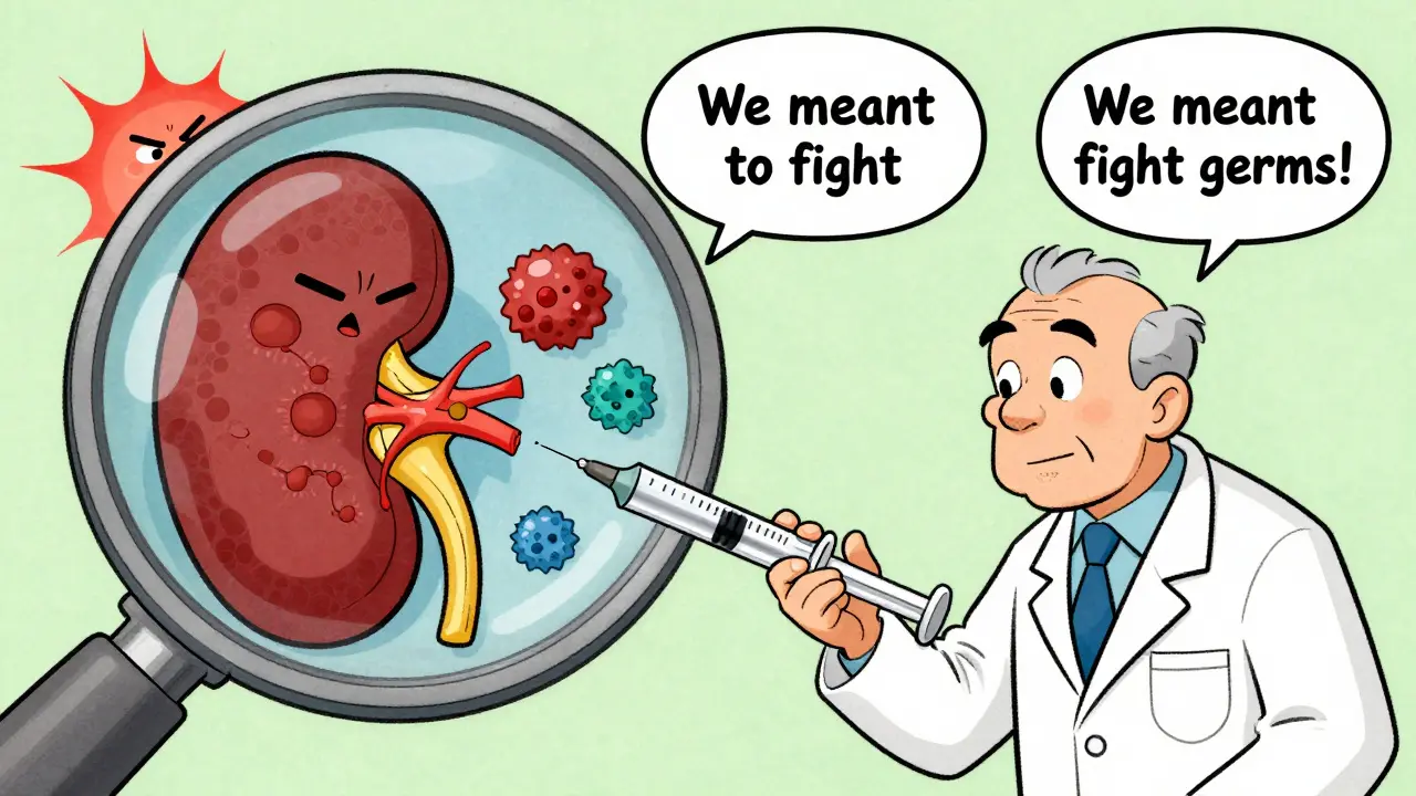 A doctor performing a kidney biopsy with microscopic immune complexes stuck in kidney filters.