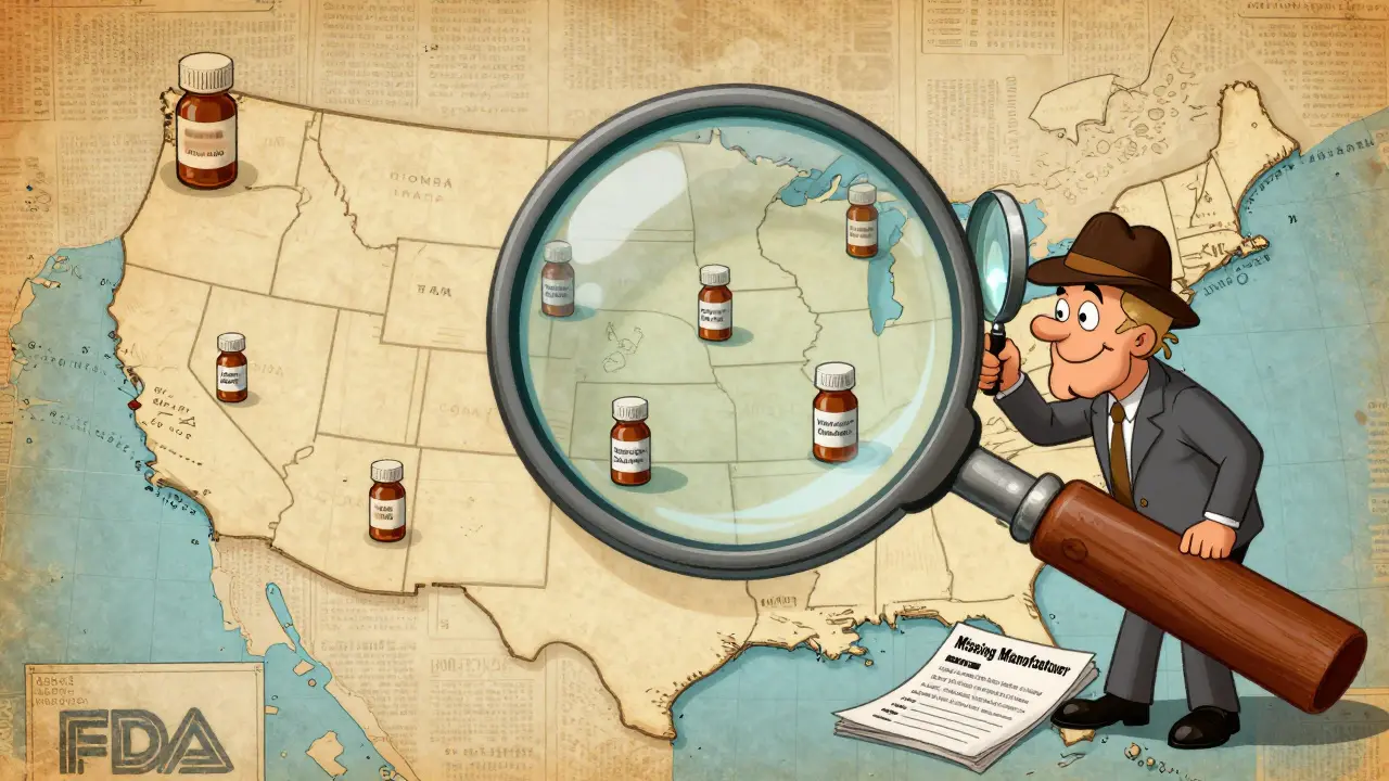 A magnifying glass hovers over U.S. pill bottles, most with hidden manufacturers, as an FDA agent tries to make sense of the data.