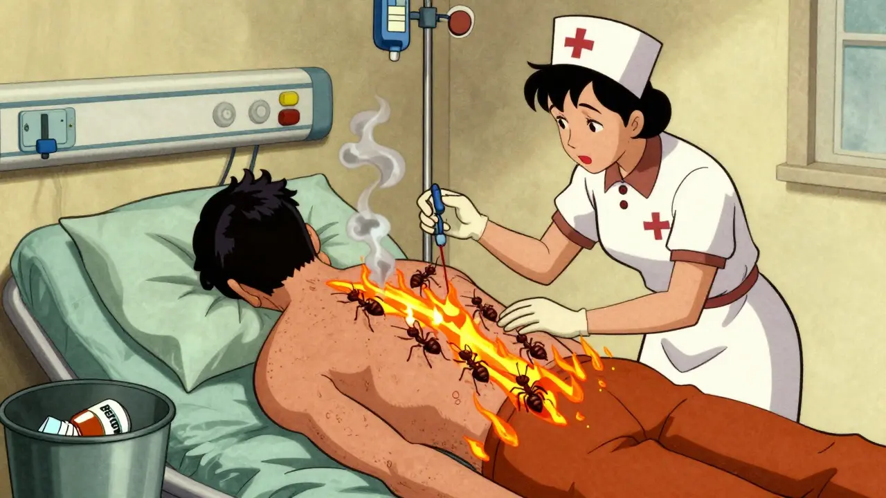 A nurse giving nalbuphine as fiery ants vanish from a patient’s skin, with a kappa receptor icon glowing.