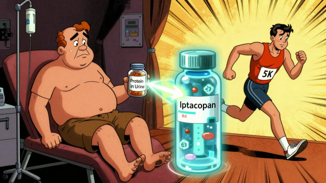 A patient with swelling next to a futuristic drug neutralizing harmful proteins in the kidney.