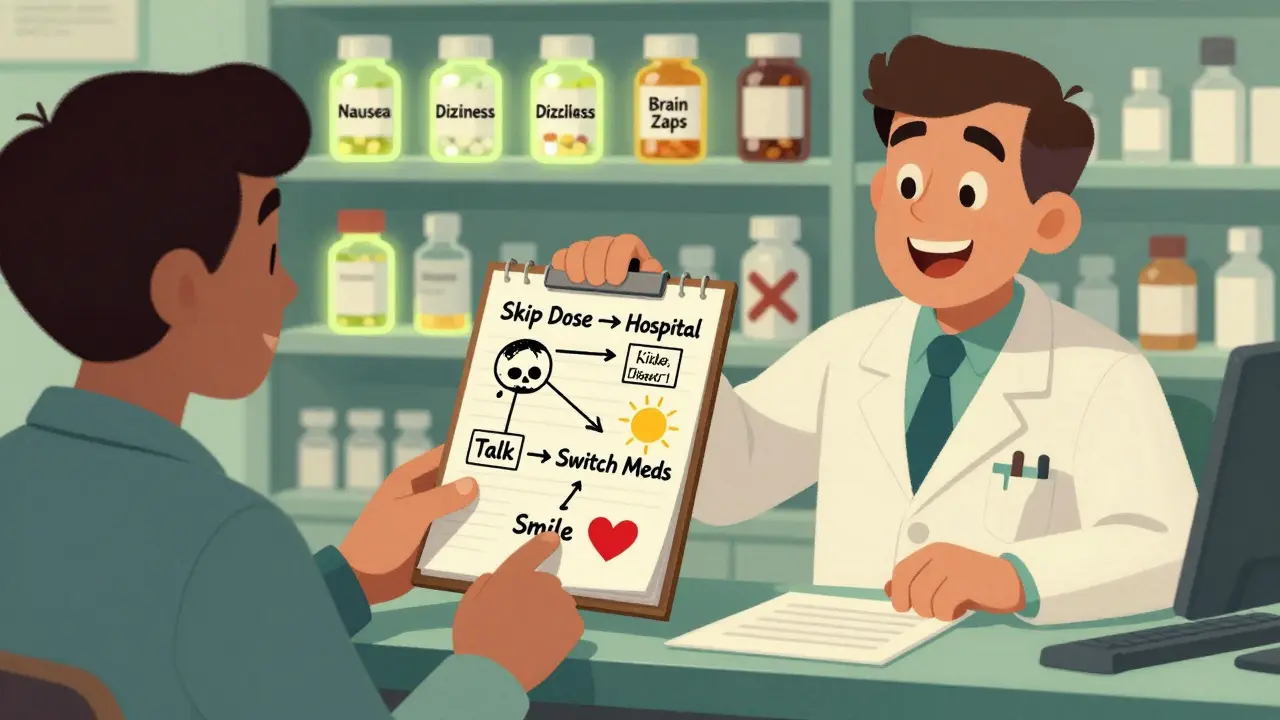 A pharmacist draws a comic flowchart showing the choice between skipping meds or finding a better option.
