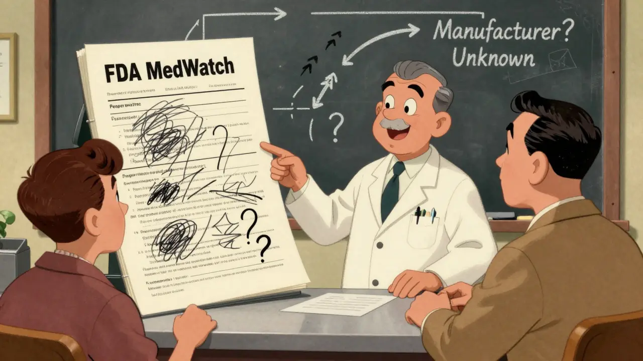 A pharmacist struggles to explain MedWatch reporting to a patient using a messy form and a broken flowchart.