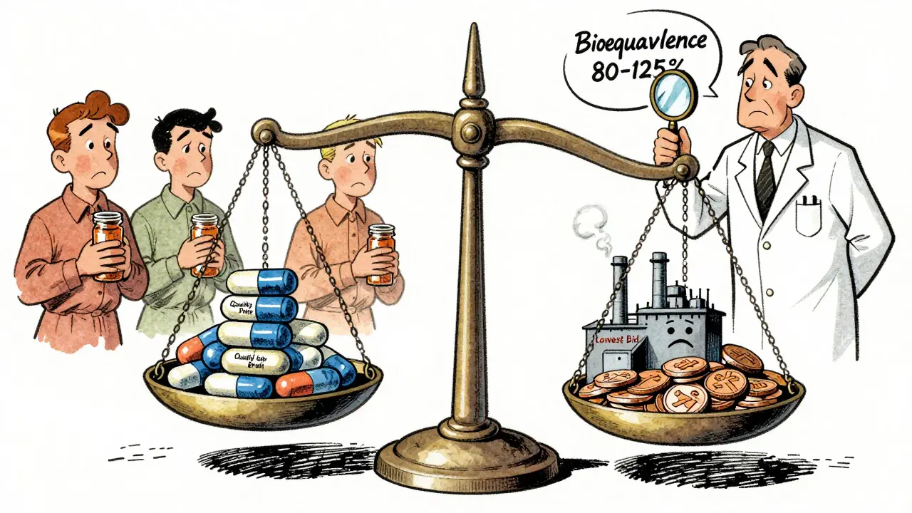 Balanced scale with quality pills and a smiling factory versus collapsing factory under pennies, patients holding empty bottles.