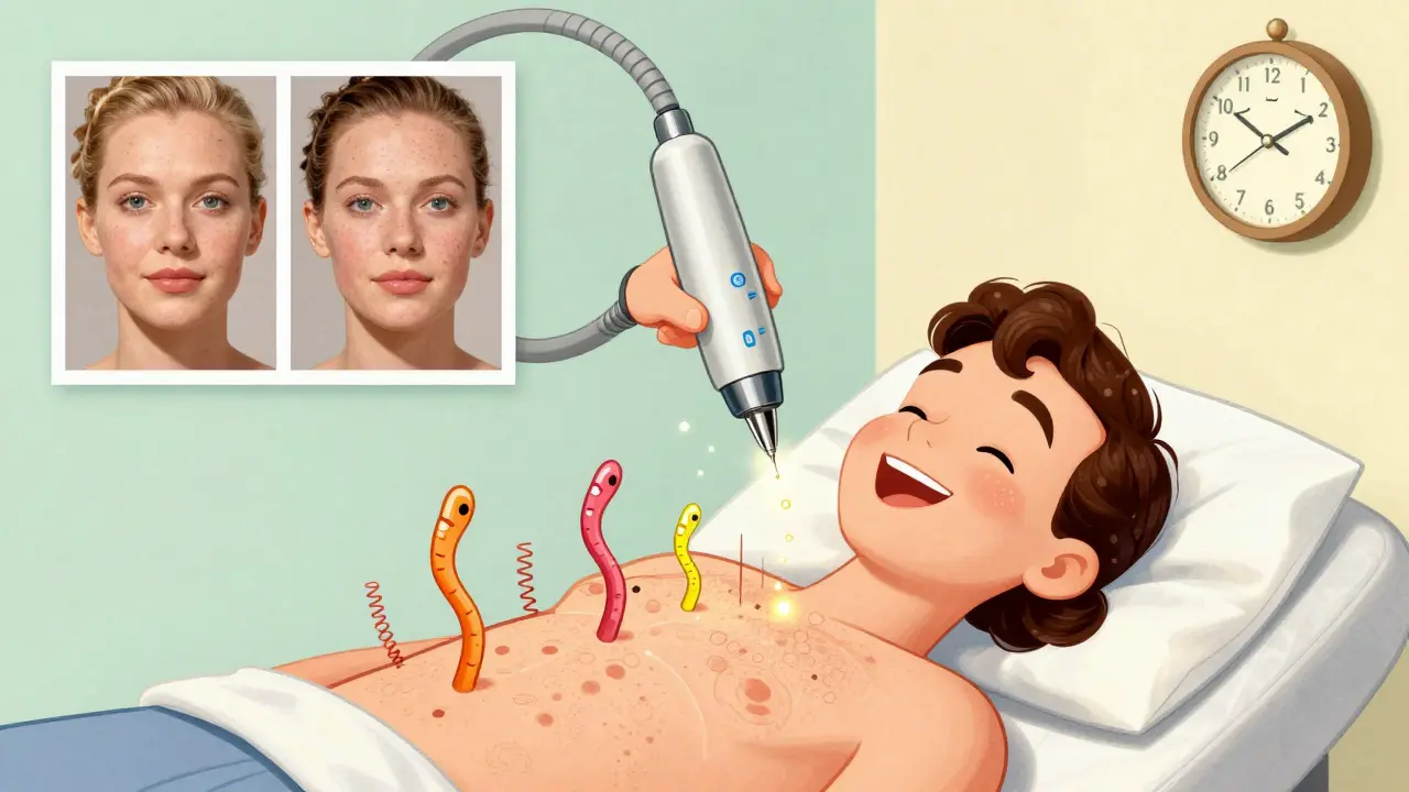Cartoon of RF microneedling device stimulating collagen fibers under skin, with before-and-after panels and a sleepy clock showing 24-hour downtime.