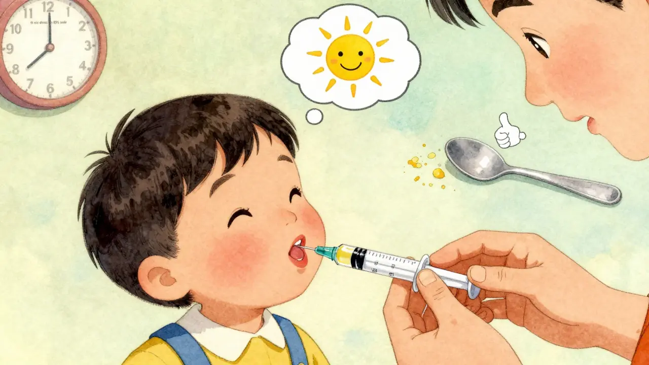 Child swallowing medicine safely from a syringe while parent administers slowly