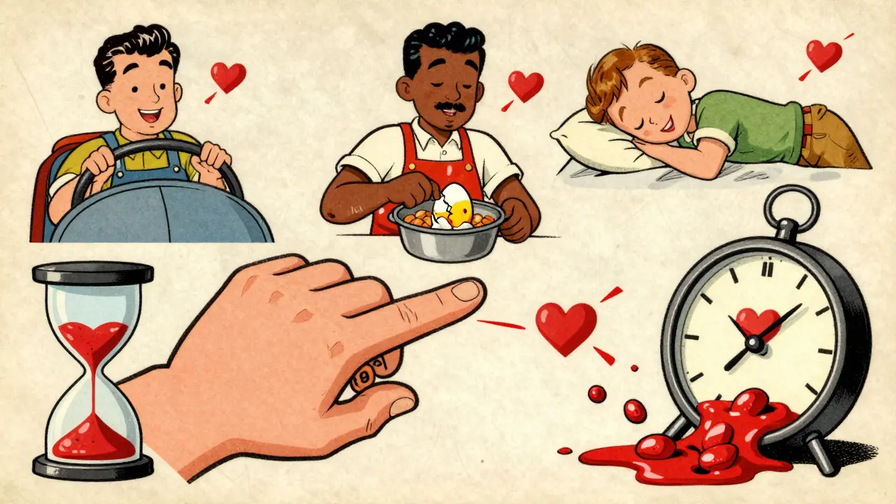 Diverse people with cracking hearts, hand pressing 999 phone, melting clock showing heart cells