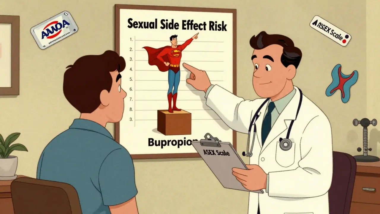 Doctor and patient in office, doctor points to chart showing bupropion as lowest sexual side effect risk.