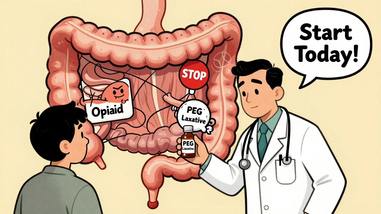 Doctor gives laxative on day one of opioid treatment, while cartoon gut is being sabotaged by opioid villain.