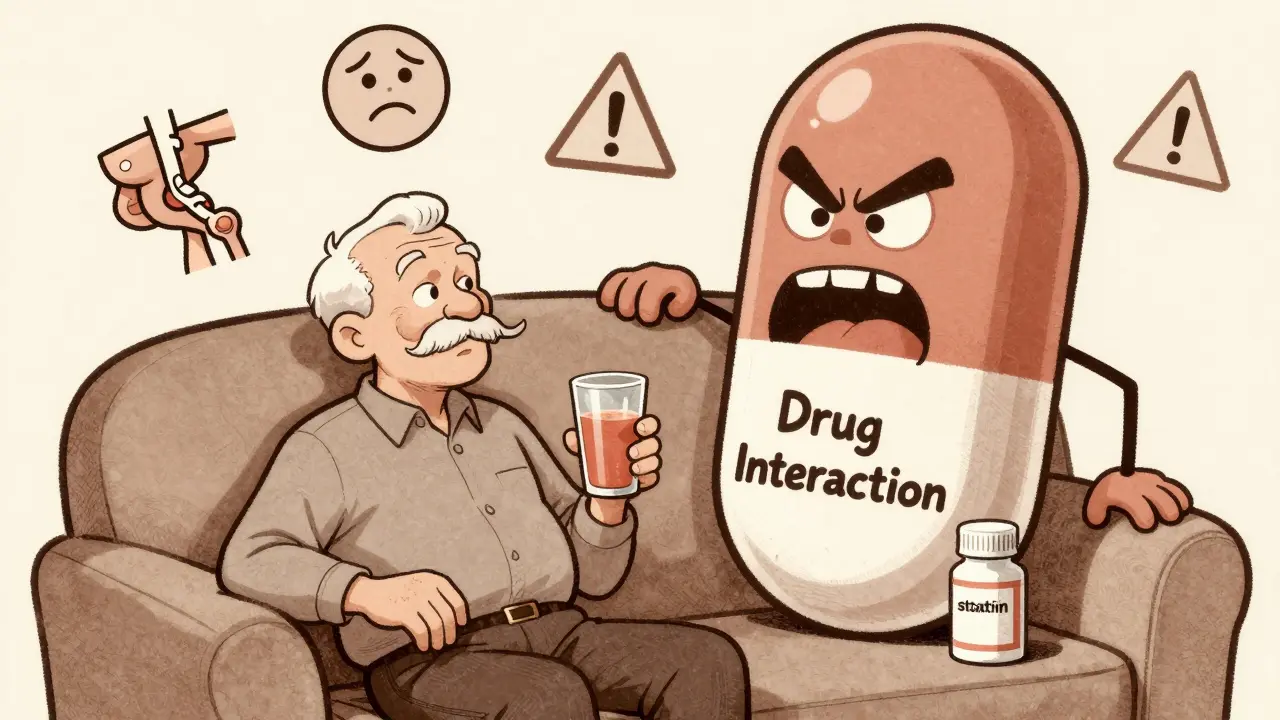 Elderly man beside grapefruit juice and statins, with a menacing drug interaction monster looming over him.