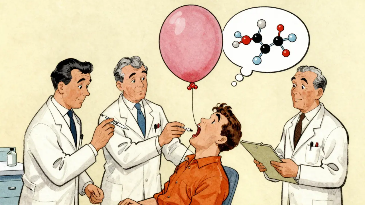 ER doctors giving ineffective treatments as throat swells dramatically, bradykinin molecules visible.