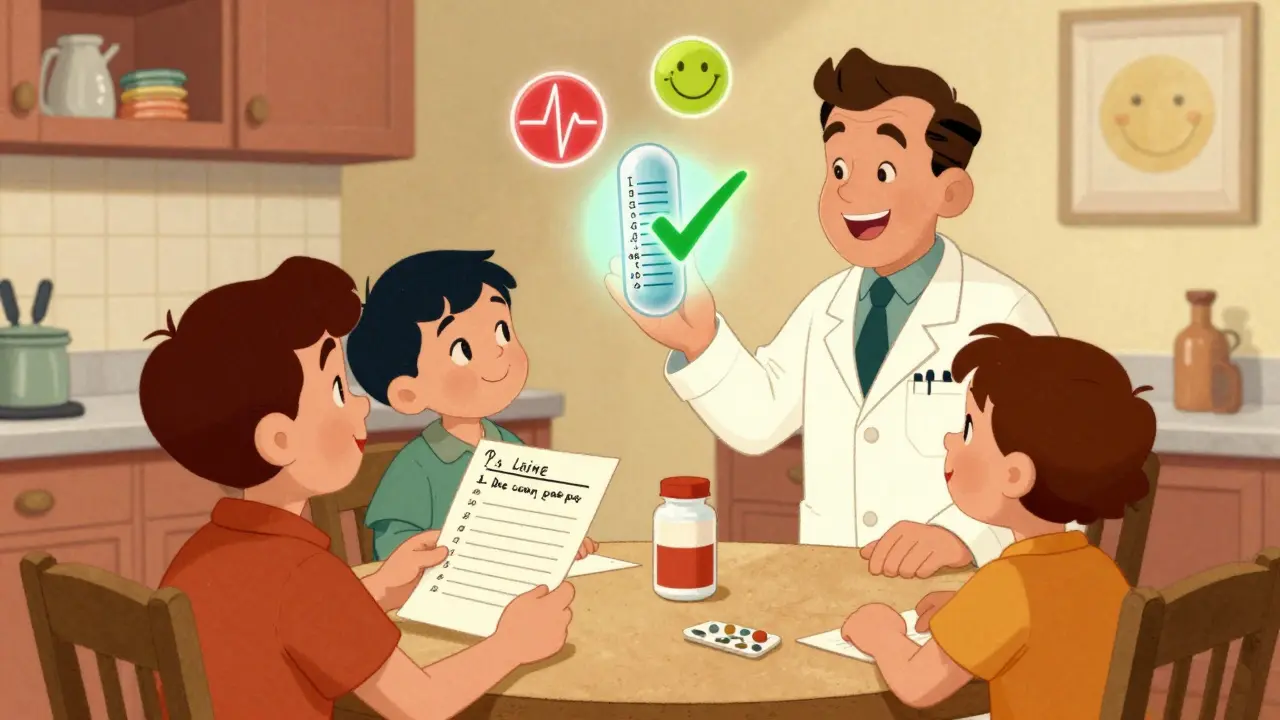 Family at kitchen table with pharmacist showing genetic safety check on a tablet.