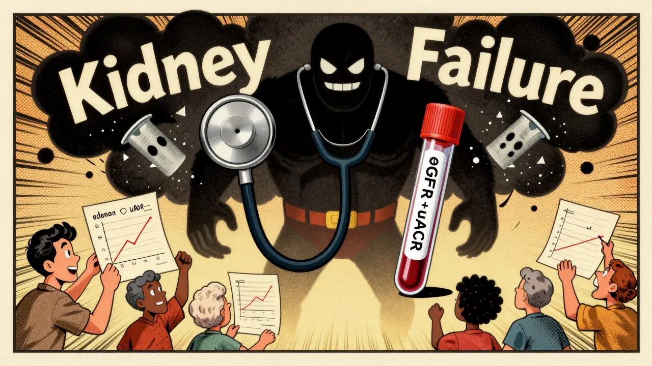 Heroic test tools defeating a kidney failure monster, with patients celebrating stable kidney function charts.