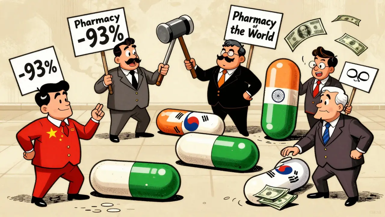 International cartoon auction with delegates bidding on pills, China slamming a price hammer, India holding a world pharmacy sign.
