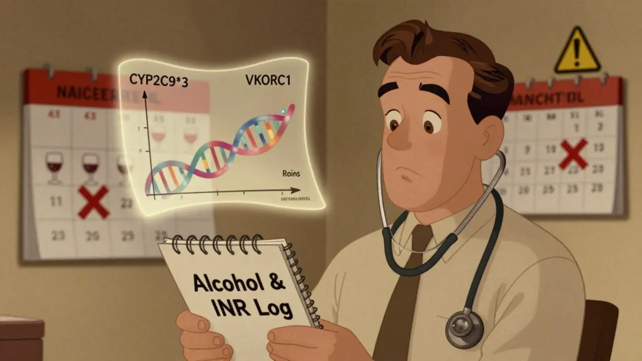 Man logging alcohol and INR with glowing genetic chart above him in vintage cartoon style