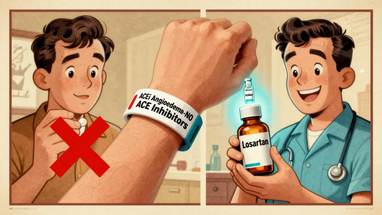 Medical bracelet warning against ACE inhibitors, with safe alternative meds shown in split scene.
