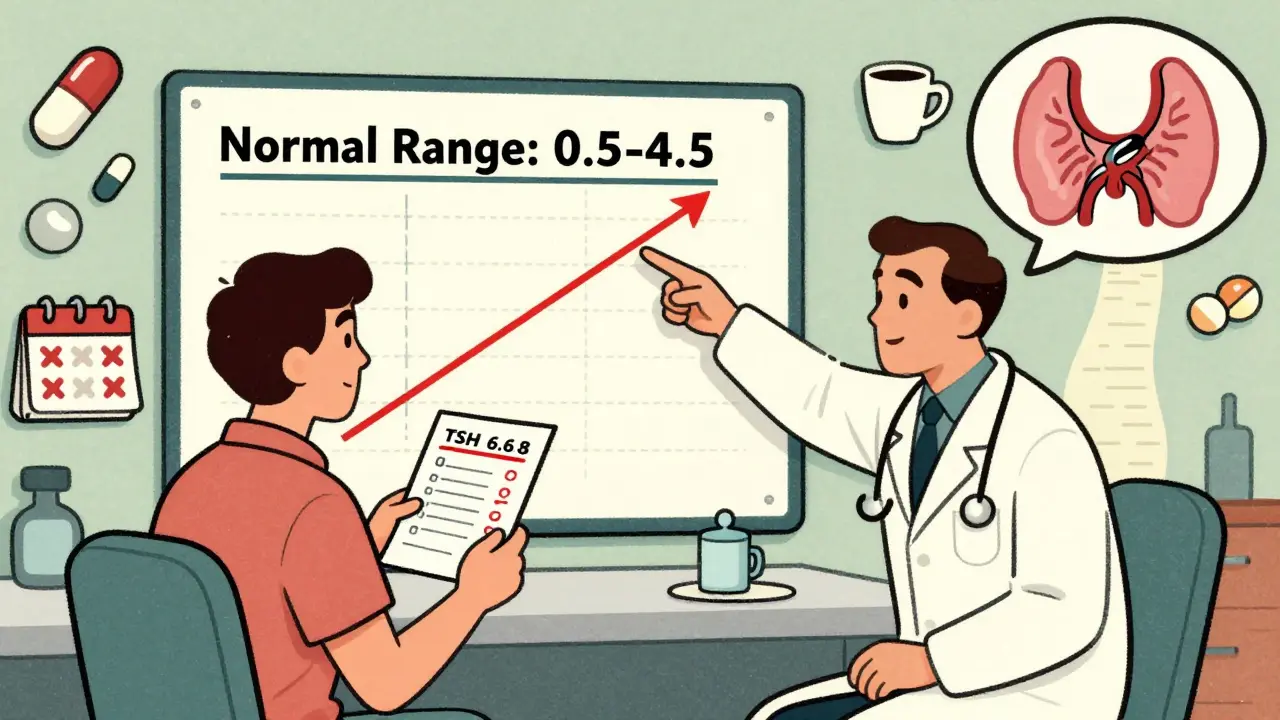 Patient in doctor's office with a high TSH reading, while a chart shows an unrealistic normal range.