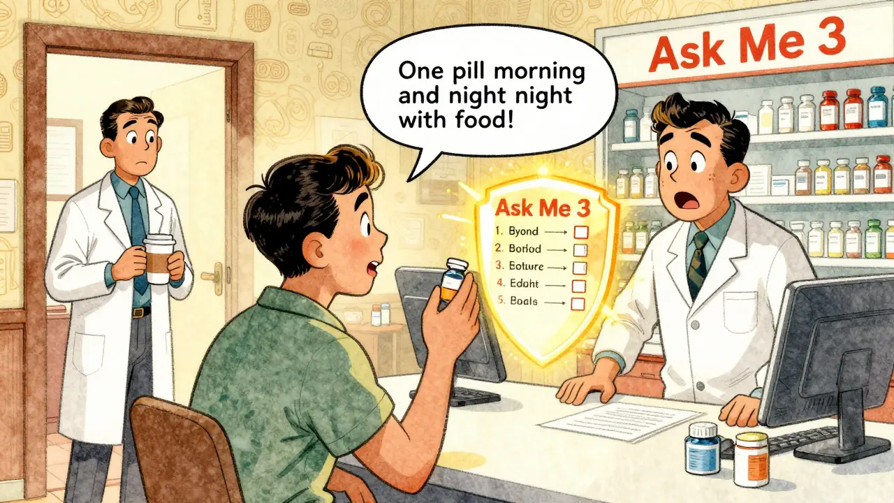 Patient repeats medication instructions to pharmacist using teach-back method, checklist glowing nearby