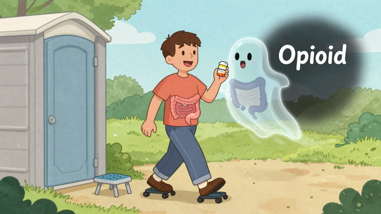 Patient walks happily with PAMORA protecting gut from opioid slowdown, using footstool for better bowel posture.