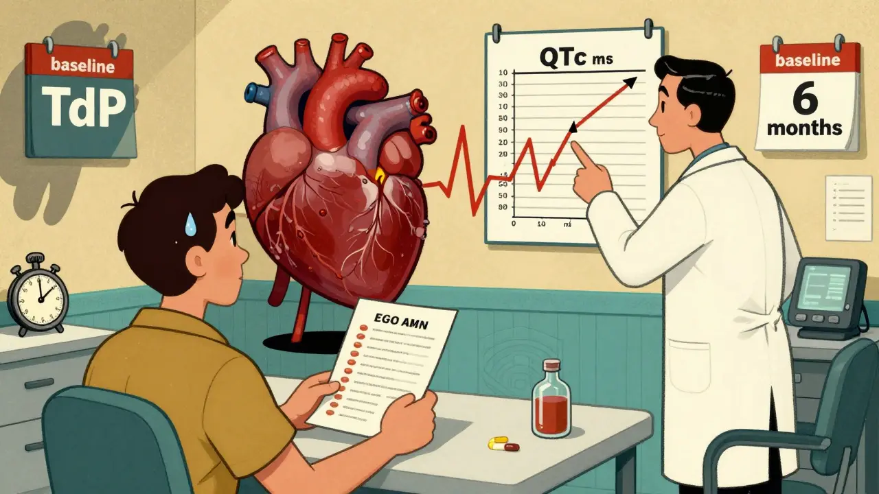 Patient with medication list and giant erratic heart in doctor's office.