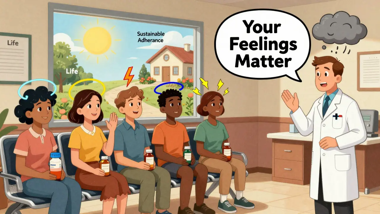 Patients with exaggerated side effect halos sit in a clinic, one speaking up as a pharmacist reassures them.