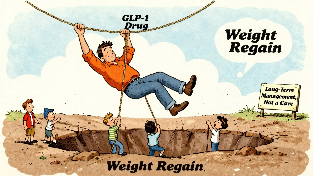 Person holding lifeline rope over weight regain pit, helped by healthy habit figures in vintage cartoon style