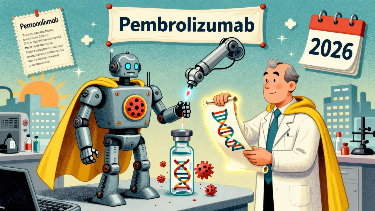 Personalized vaccine robot assembling immune knights under 2026 clinical trial banners