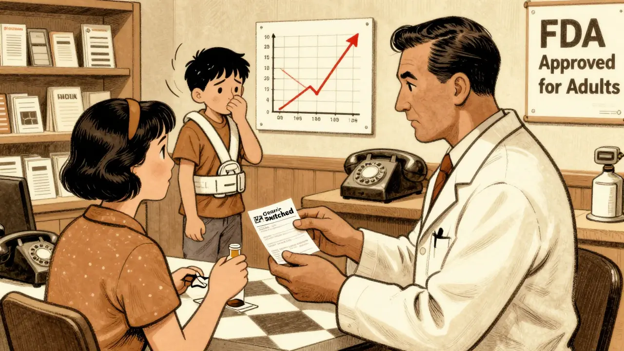 Pharmacist gives generic medication to parent while child trembles, graph shows drop in drug levels.
