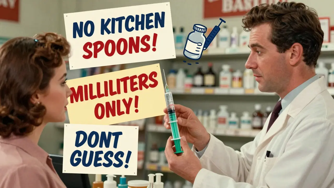 Pharmacist handing a color-coded syringe to a parent with warning labels