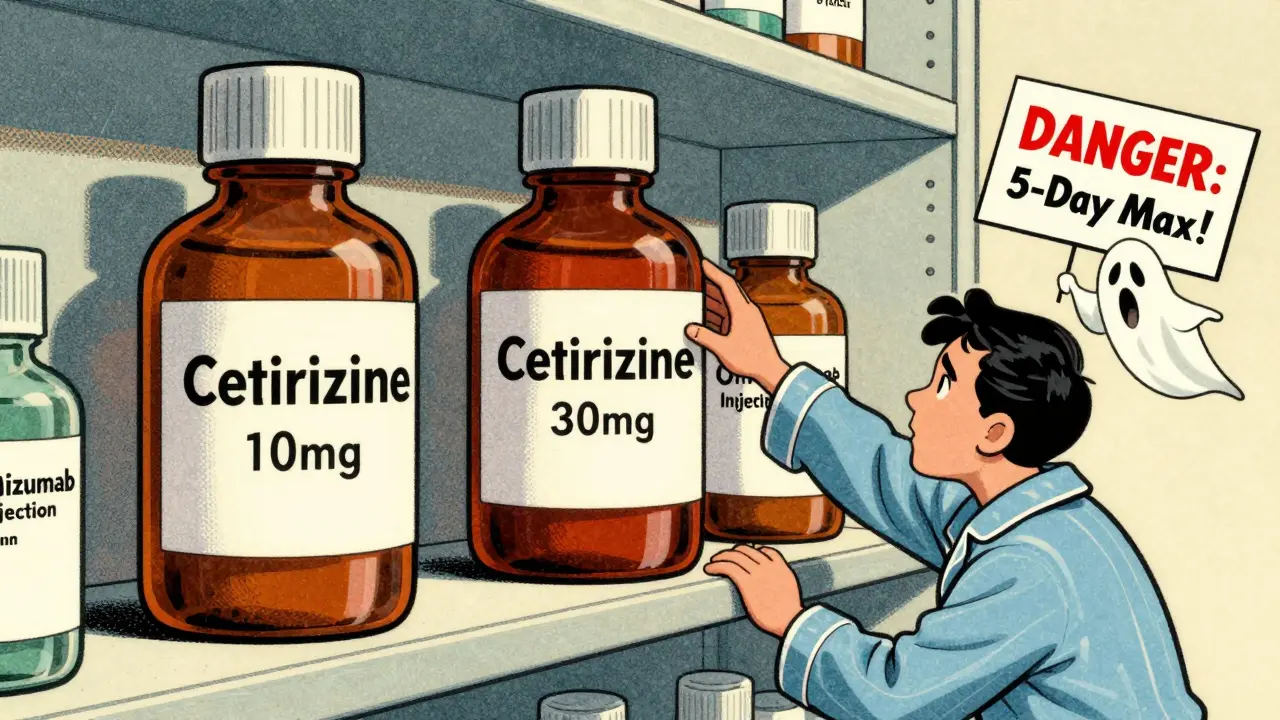 Pharmacy shelf with antihistamine bottles and a fleeing prednisone ghost in vintage cartoon style.