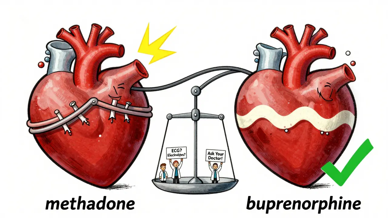 Side-by-side cartoon hearts showing methadone danger vs. buprenorphine safety.
