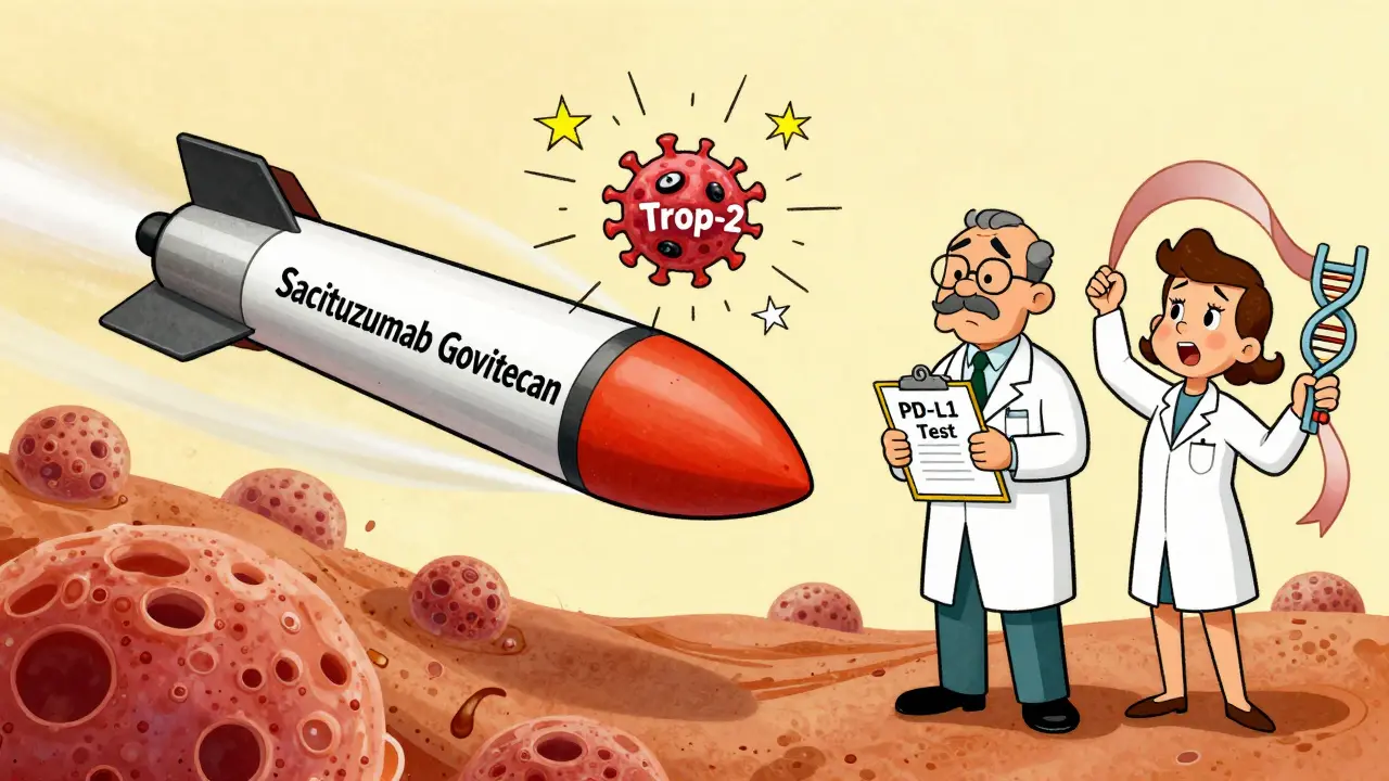 Smart missile targeting cancer cell with PD-L1 test and DNA ribbon in cartoon lab