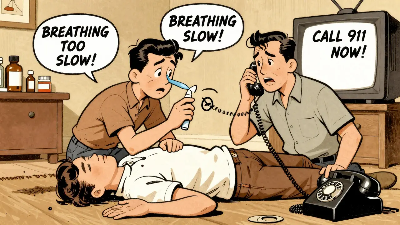 Someone giving Narcan to an unresponsive person on their side while another calls 911 on a rotary phone.