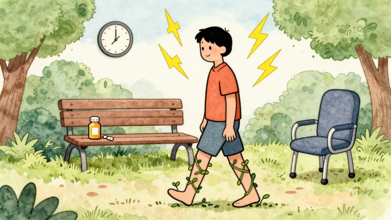 Someone walking gently as vines soothe pain bolts, with pill bottle left behind, in vintage cartoon style.
